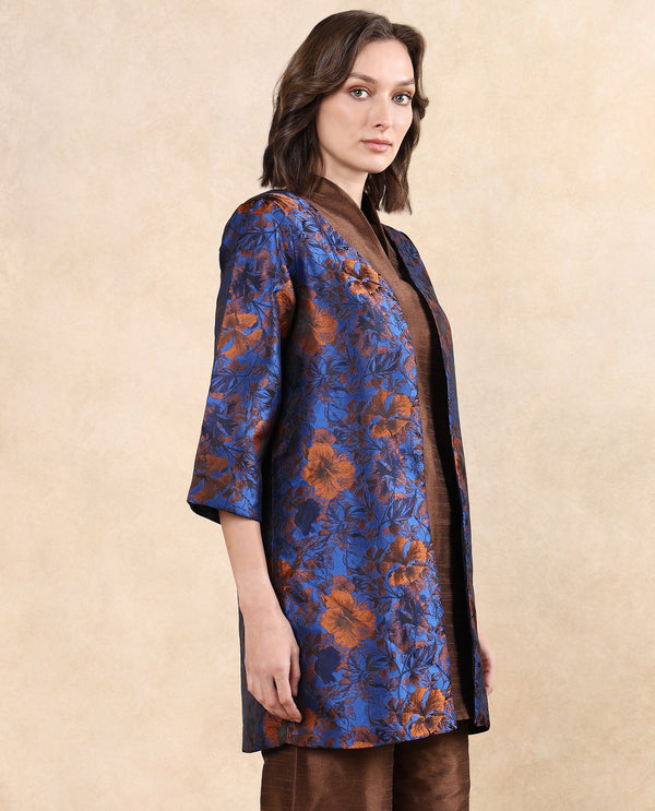 Rareism Women Kamlay Multi Full Sleeve Collarless Knee Length Jacquard Jacket