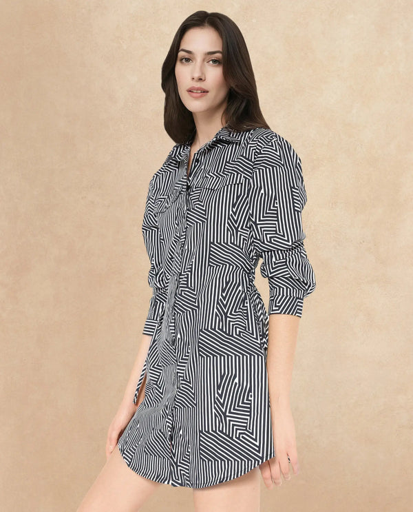 Rareism Women Kamy Black Cuffed Sleeve Collared Neck Button Closure A-Line Mini Geometric Print Dress