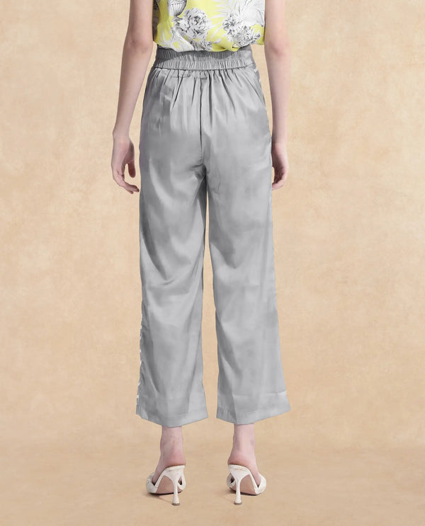 Rareism Women Kanadio-B Light Grey Tie Up Straight Fit Ankle Length Trouser