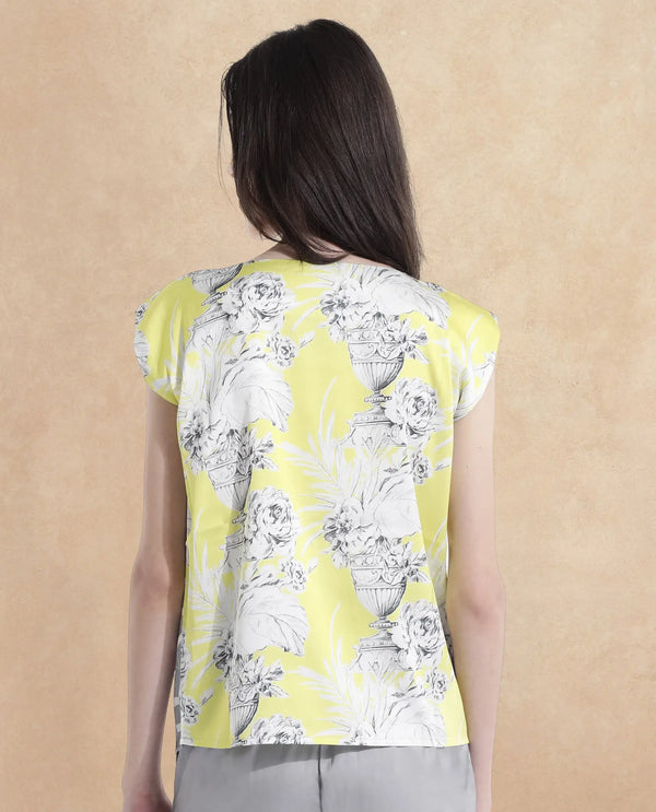 Rareism Women Kanadio-T Yellow Extended Sleeves Boat Neck Floral Print Top