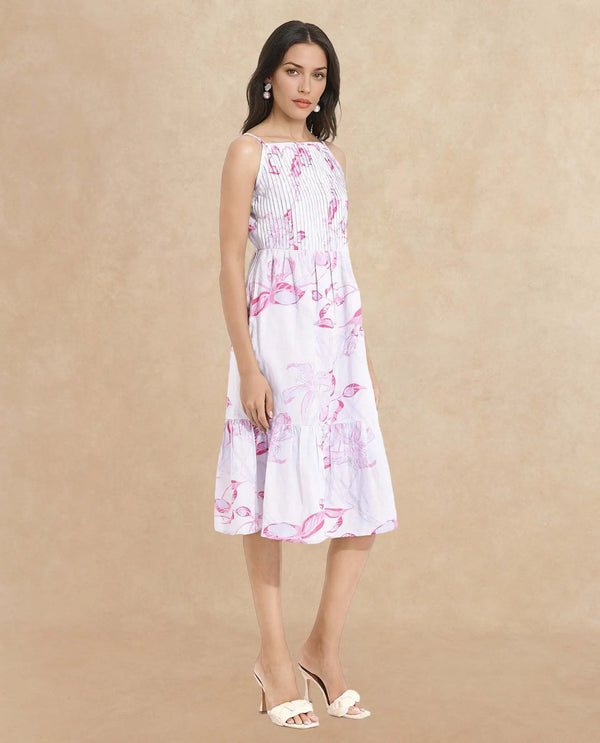 Rareism Women Kanora Dusky Purple Sleeveless Shoulder Straps  Fit And Flare Midi Floral Print Dress
