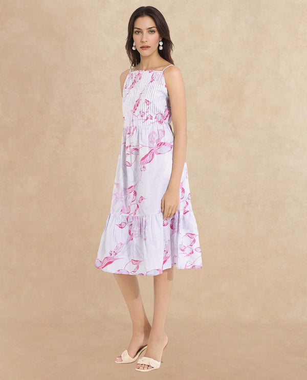 Rareism Women Kanora Dusky Purple Sleeveless Shoulder Straps  Fit And Flare Midi Floral Print Dress