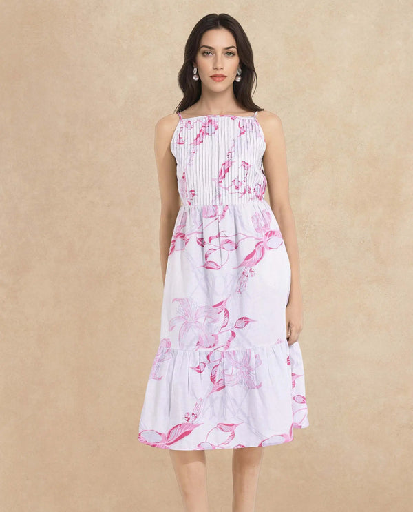 Rareism Women Kanora Dusky Purple Sleeveless Shoulder Straps  Fit And Flare Midi Floral Print Dress