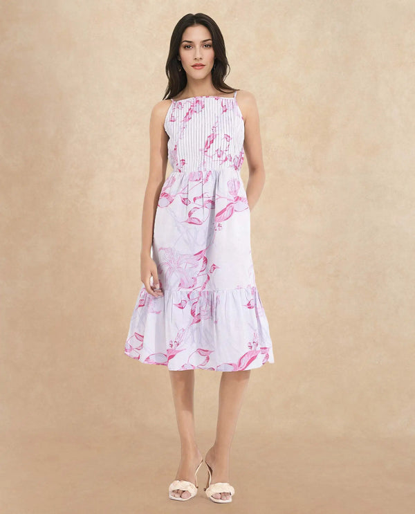 Rareism Women Kanora Dusky Purple Sleeveless Shoulder Straps  Fit And Flare Midi Floral Print Dress