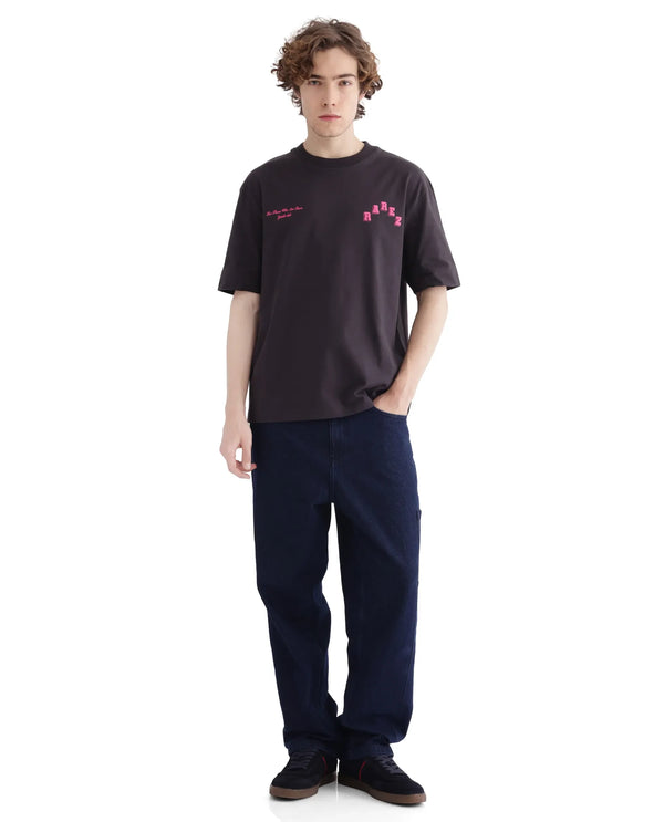 Rare Rabbit Men Kany Dark Grey Short Sleeve Crew Neck Oversized Fit Printed T-Shirt