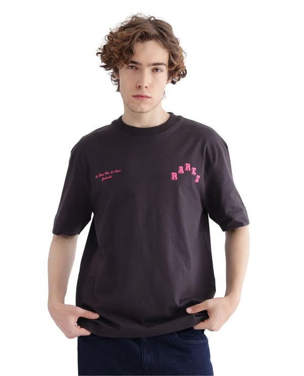 Rare Rabbit Men Kany Dark Grey Short Sleeve Crew Neck Oversized Fit Printed T-Shirt