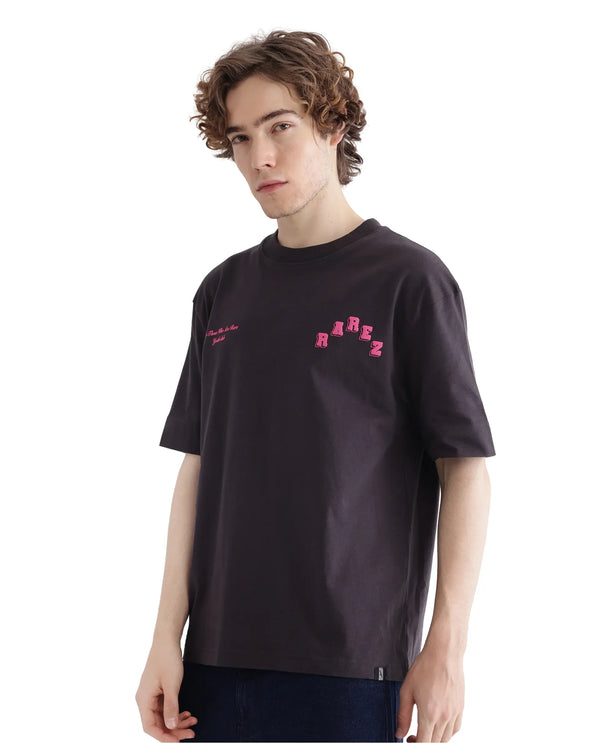 Rare Rabbit Men Kany Dark Grey Short Sleeve Crew Neck Oversized Fit Printed T-Shirt