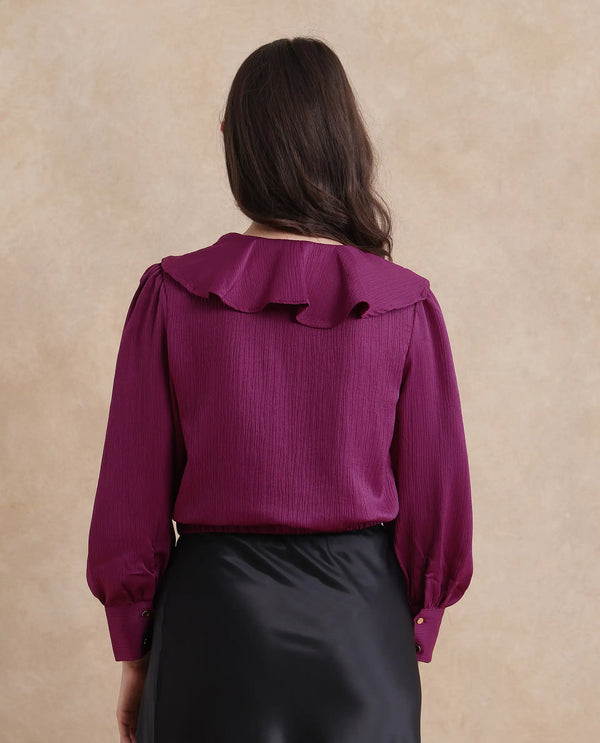 Rareism Women Karabuk Purple Cuffed Sleeve Tie-Up Neck Cropped Plain Top