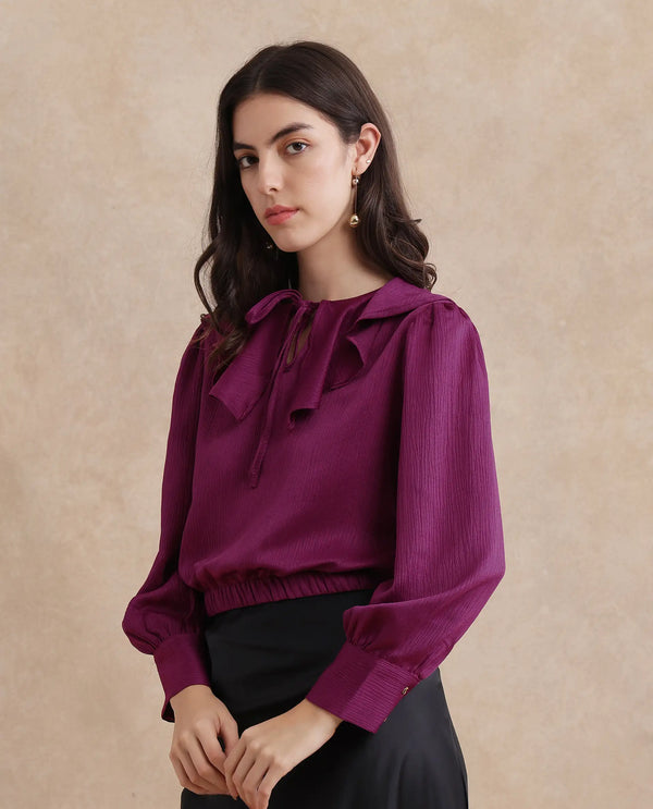 Rareism Women Karabuk Purple Cuffed Sleeve Tie-Up Neck Cropped Plain Top