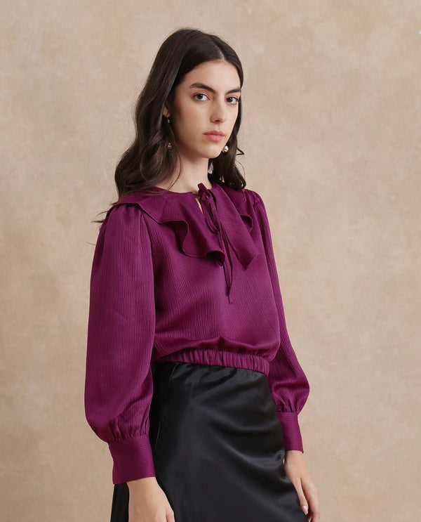 Rareism Women Karabuk Purple Cuffed Sleeve Tie-Up Neck Cropped Plain Top