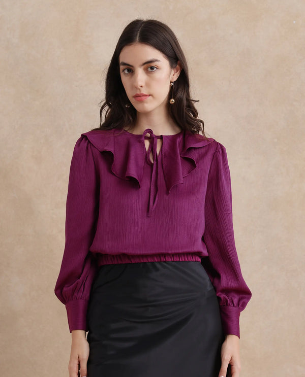Rareism Women Karabuk Purple Cuffed Sleeve Tie-Up Neck Cropped Plain Top