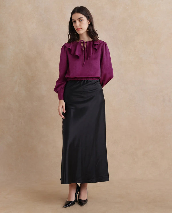 Rareism Women Karabuk Purple Cuffed Sleeve Tie-Up Neck Cropped Plain Top