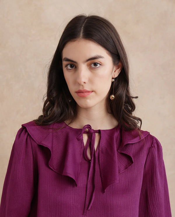 Rareism Women Karabuk Purple Cuffed Sleeve Tie-Up Neck Cropped Plain Top