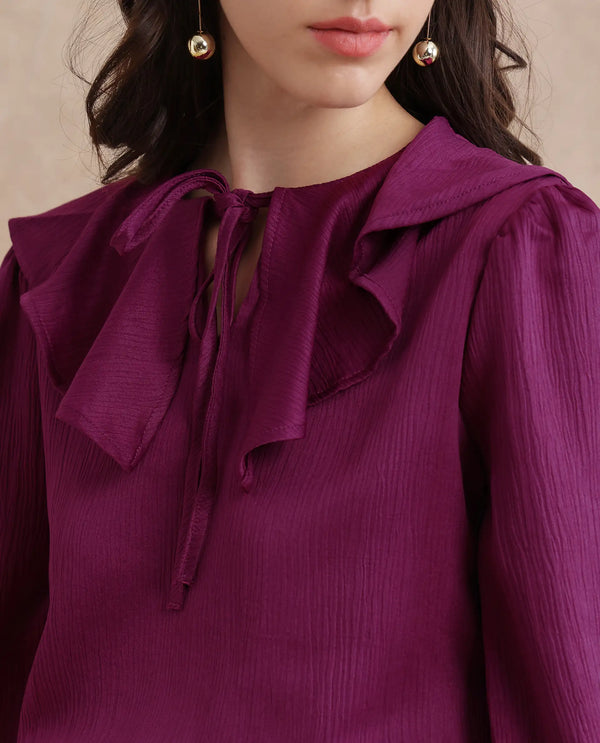Rareism Women Karabuk Purple Cuffed Sleeve Tie-Up Neck Cropped Plain Top