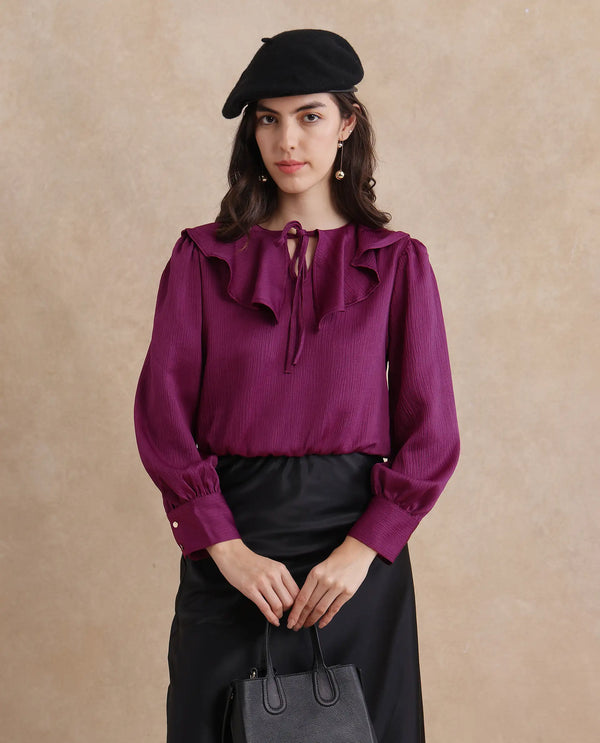 Rareism Women Karabuk Purple Cuffed Sleeve Tie-Up Neck Cropped Plain Top