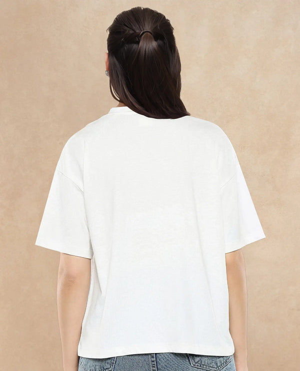 Rareism Women Karen Off White Cotton Poly Fabric Short Sleeve Crew Neck Solid T-Shirt