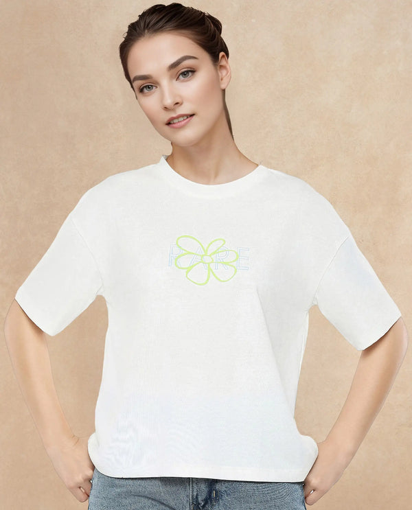 Rareism Women Karen Off White Cotton Poly Fabric Short Sleeve Crew Neck Solid T-Shirt