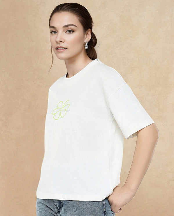 Rareism Women Karen Off White Cotton Poly Fabric Short Sleeve Crew Neck Solid T-Shirt