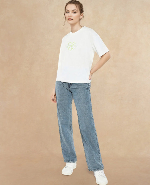 Rareism Women Karen Off White Cotton Poly Fabric Short Sleeve Crew Neck Solid T-Shirt