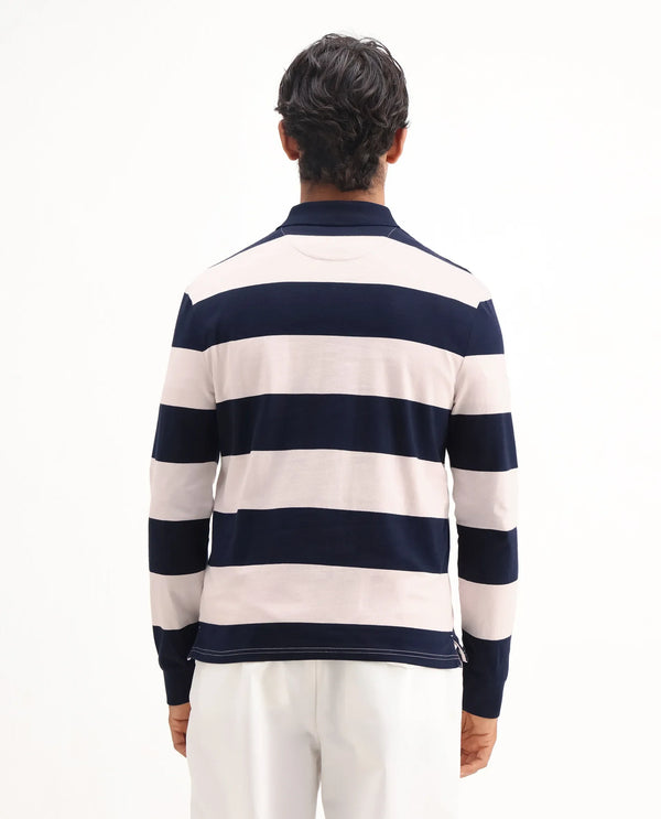 Rare Rabbit Men's Karen Light Pink Collared Neck Full Sleeves Striped Polo T-Shirt