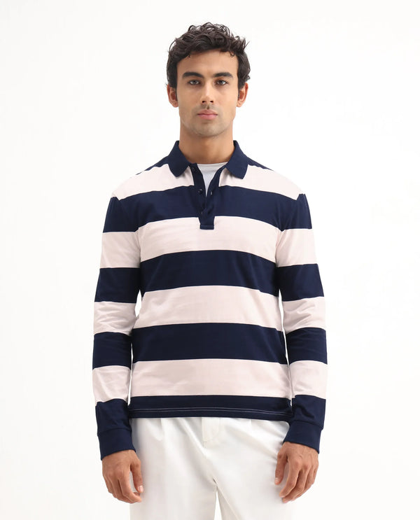 Rare Rabbit Men's Karen Light Pink Collared Neck Full Sleeves Striped Polo T-Shirt