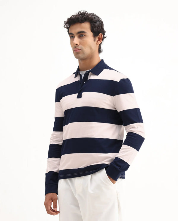 Rare Rabbit Men's Karen Light Pink Collared Neck Full Sleeves Striped Polo T-Shirt