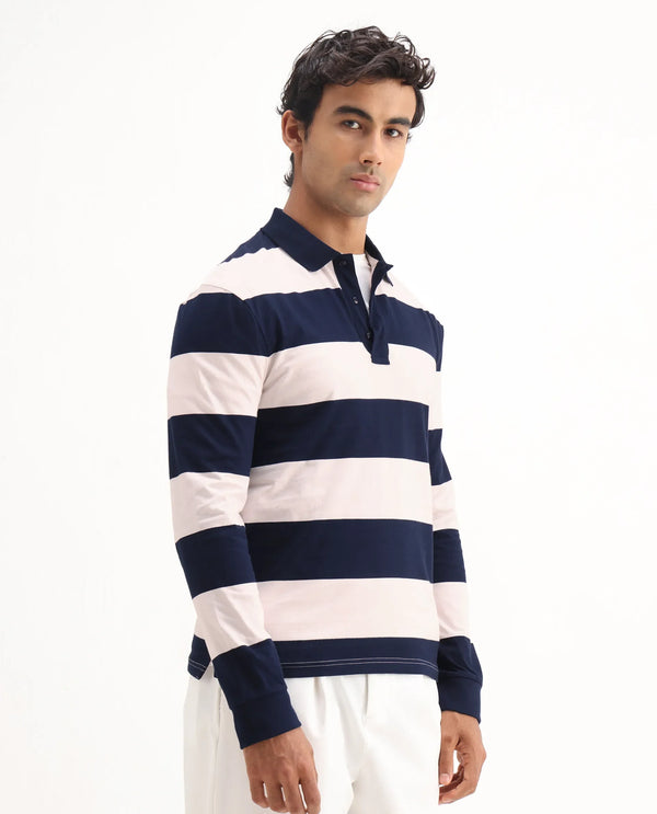 Rare Rabbit Men's Karen Light Pink Collared Neck Full Sleeves Striped Polo T-Shirt