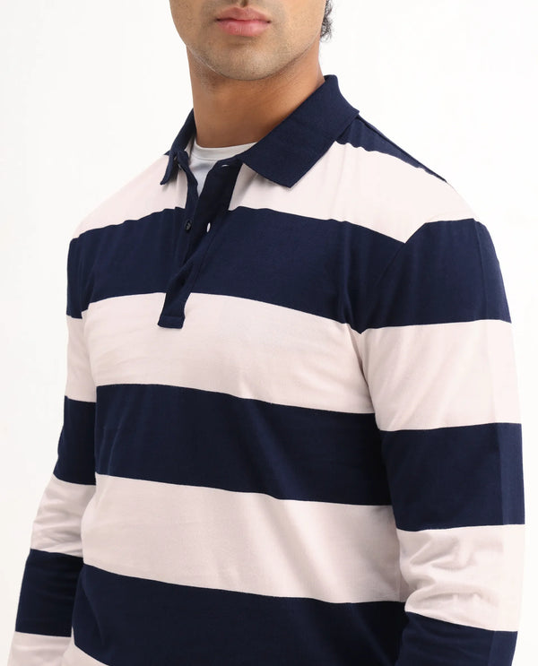 Rare Rabbit Men's Karen Light Pink Collared Neck Full Sleeves Striped Polo T-Shirt