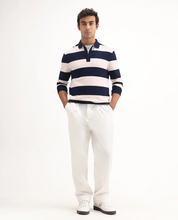 Rare Rabbit Men's Karen Light Pink Collared Neck Full Sleeves Striped Polo T-Shirt