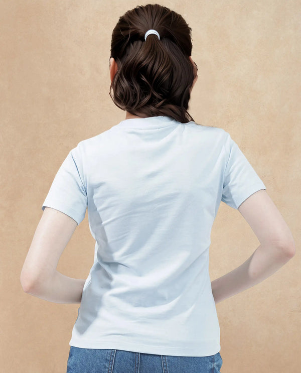 Rareism Women Karlie Light Blue Cotton Poly Fabric Short Sleeve Crew Neck Solid T-Shirt