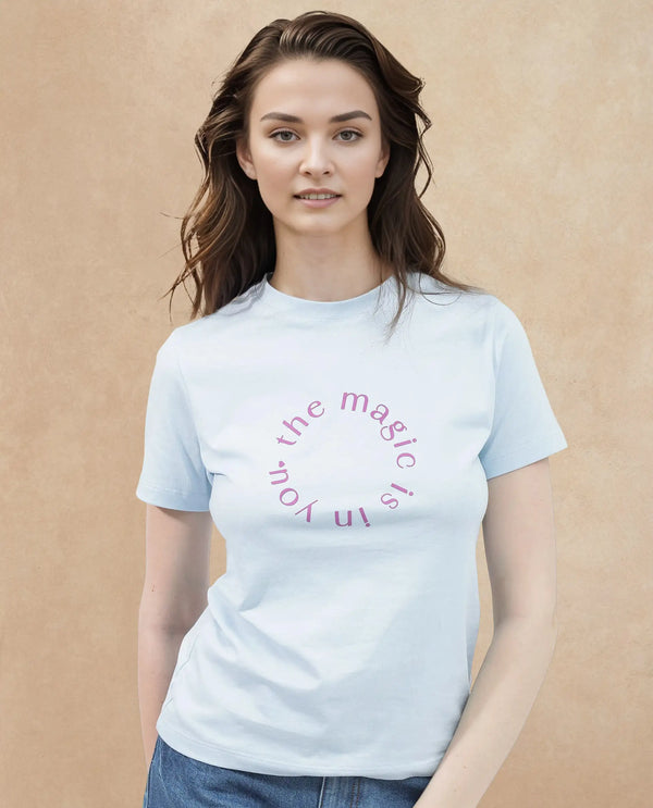Rareism Women Karlie Light Blue Cotton Poly Fabric Short Sleeve Crew Neck Solid T-Shirt