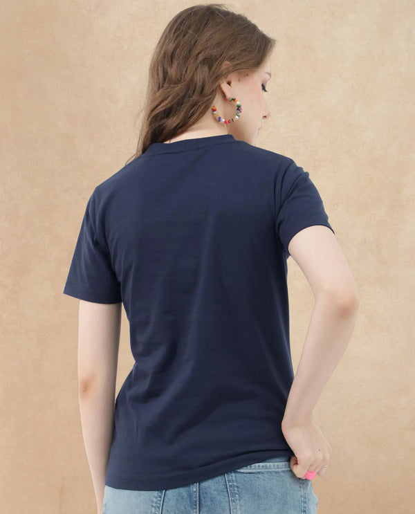 Rareism Women Karlie Dark Navy Cotton Poly Fabric Short Sleeve Crew Neck Solid T-Shirt