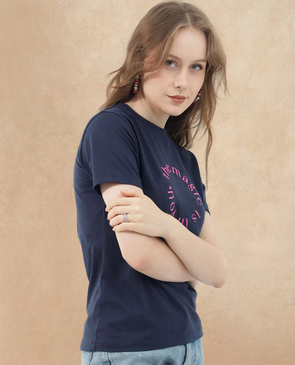 Rareism Women Karlie Dark Navy Cotton Poly Fabric Short Sleeve Crew Neck Solid T-Shirt