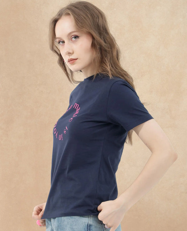 Rareism Women Karlie Dark Navy Cotton Poly Fabric Short Sleeve Crew Neck Solid T-Shirt