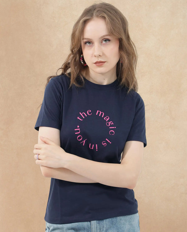 Rareism Women Karlie Dark Navy Cotton Poly Fabric Short Sleeve Crew Neck Solid T-Shirt