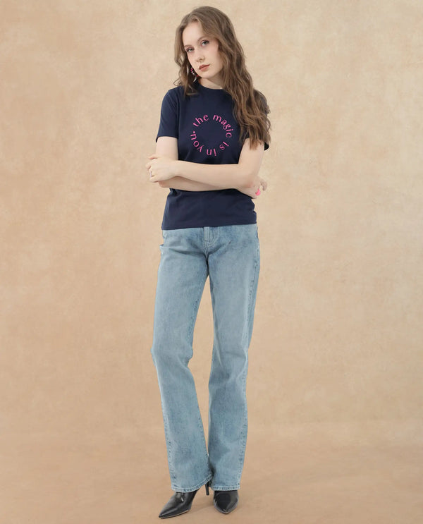 Rareism Women Karlie Dark Navy Cotton Poly Fabric Short Sleeve Crew Neck Solid T-Shirt