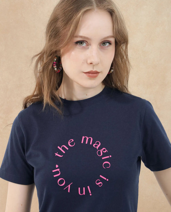 Rareism Women Karlie Dark Navy Cotton Poly Fabric Short Sleeve Crew Neck Solid T-Shirt