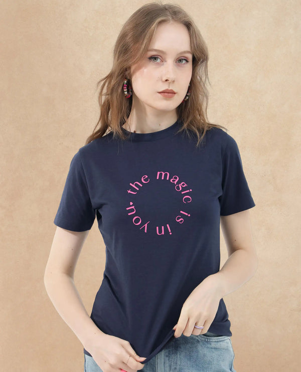 Rareism Women Karlie Dark Navy Cotton Poly Fabric Short Sleeve Crew Neck Solid T-Shirt