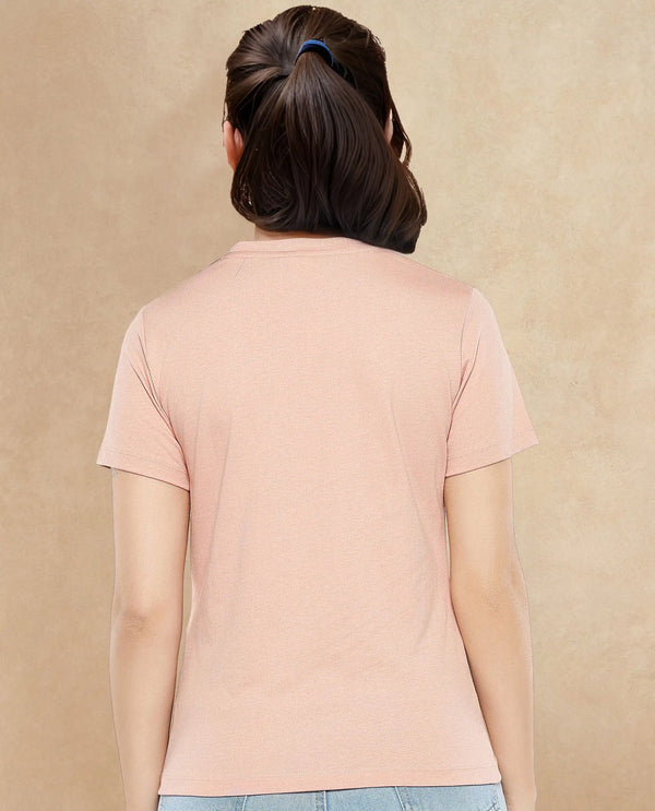Rareism Women Karlie Light Peach Cotton Poly Fabric Short Sleeve Crew Neck Solid T-Shirt