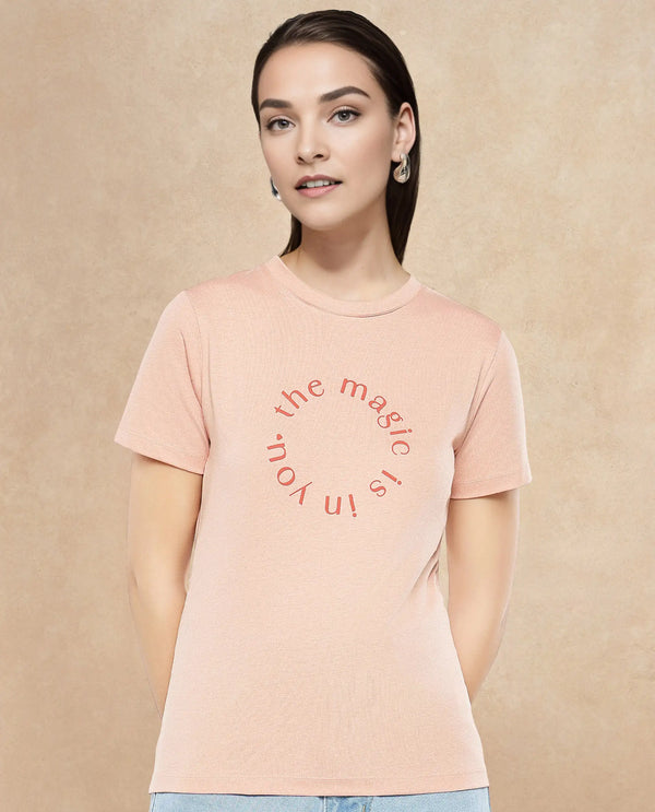 Rareism Women Karlie Light Peach Cotton Poly Fabric Short Sleeve Crew Neck Solid T-Shirt