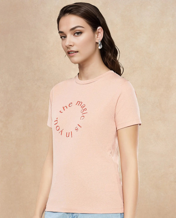 Rareism Women Karlie Light Peach Cotton Poly Fabric Short Sleeve Crew Neck Solid T-Shirt