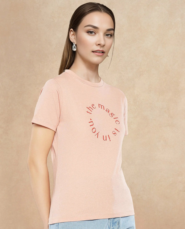 Rareism Women Karlie Light Peach Cotton Poly Fabric Short Sleeve Crew Neck Solid T-Shirt