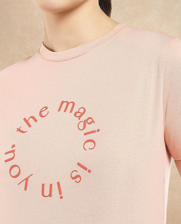 Rareism Women Karlie Light Peach Cotton Poly Fabric Short Sleeve Crew Neck Solid T-Shirt
