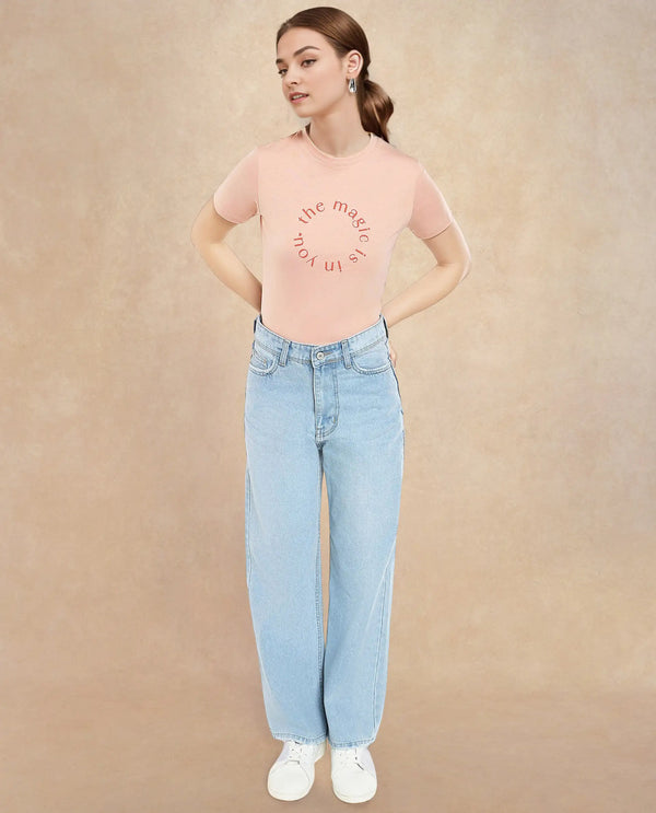 Rareism Women Karlie Light Peach Cotton Poly Fabric Short Sleeve Crew Neck Solid T-Shirt