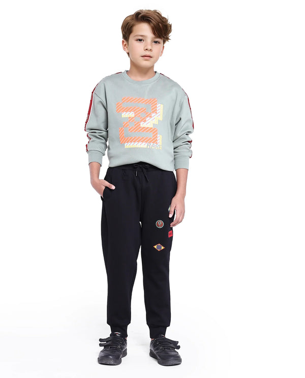 Rare Ones Kids Karo Black Cotton Poly Drawstring Applique Trackpant
