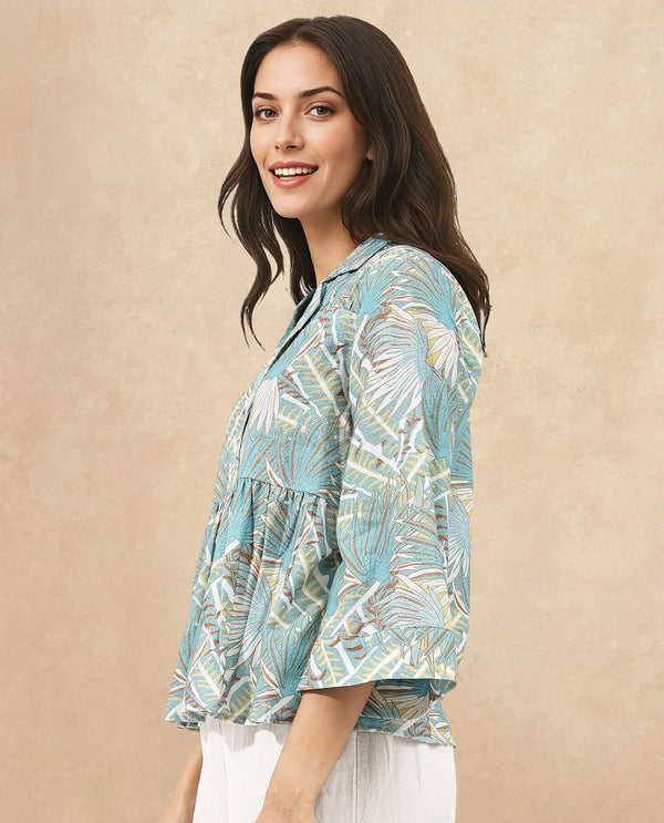 Rareism Women Karrara Dusky Blue Button Closure 3/4Th Sleeve Lapel Neck Abstract Print Top