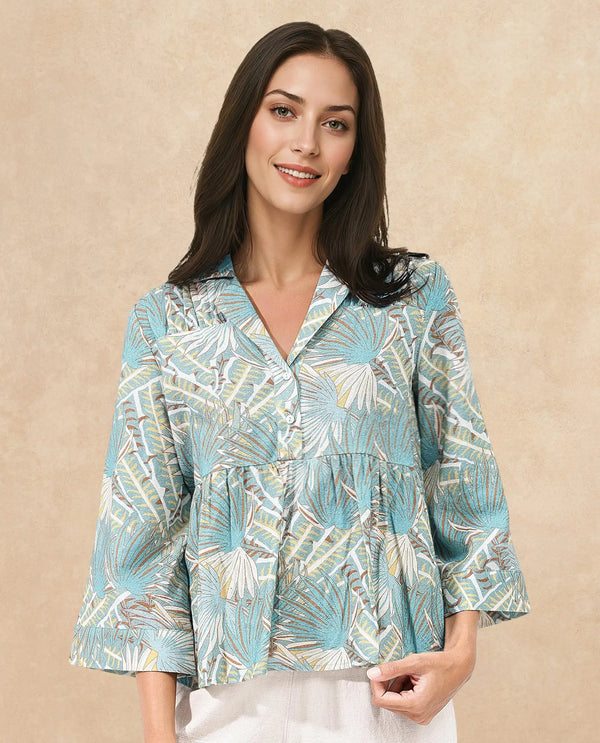 Rareism Women Karrara Dusky Blue Button Closure 3/4Th Sleeve Lapel Neck Abstract Print Top