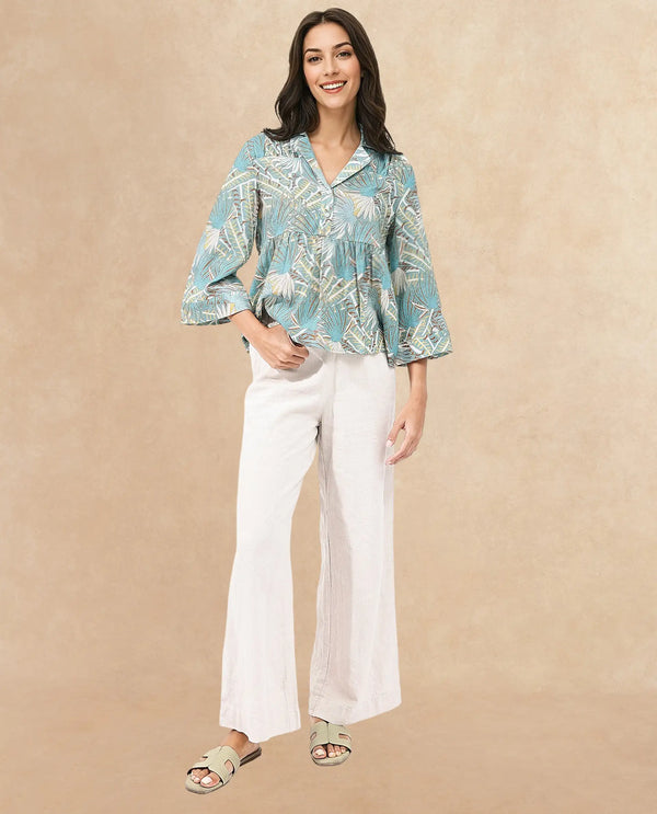 Rareism Women Karrara Dusky Blue Button Closure 3/4Th Sleeve Lapel Neck Abstract Print Top