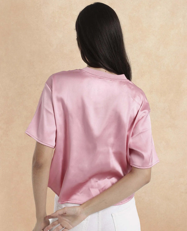 Rareism Women Karuno Light Pink Short Sleeve Ribbed Collar Boxy Fit Plain Top