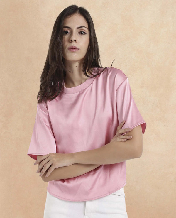 Rareism Women Karuno Light Pink Short Sleeve Ribbed Collar Boxy Fit Plain Top